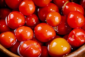 Pickled tomatoes in brine. Macro background.