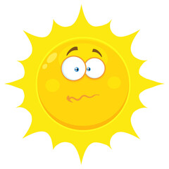 Confused Yellow Sun Cartoon Emoji Face Character With Nervous Expression. Hand Drawn Illustration Isolated On Transparent Background
