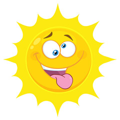 Crazy Yellow Sun Cartoon Emoji Face Character With Mad Expression And Protruding Tongue. Hand Drawn Illustration Isolated On Transparent Background