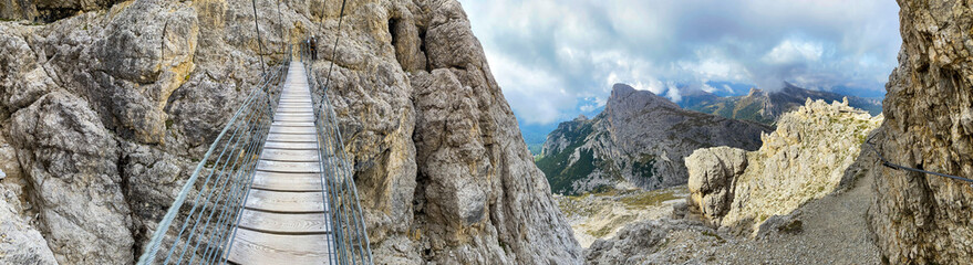 Adventurous hike up to mount Lagazuoi in the Dolomite Alps, autonomous pronvince of South Tirol
