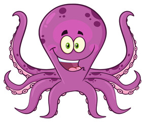 Octopus Cartoon Mascot Character. Hand Drawn Illustration Isolated On Transparent Background