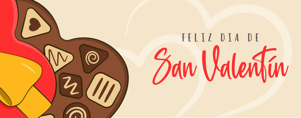 Happy Valentine's Day, lettering in Spanish (Feliz día de San Valentín). Greeting card. Chocolate candy with heart-shaped box. Cartoon. Vector illustration