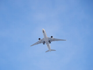 Plane in blue sky: overhead, under plane, landing gear extension, signal fire.