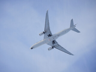 Plane in blue sky: overhead, under plane, landing gear extension, signal fire.