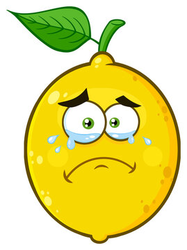 Crying Yellow Lemon Fruit Cartoon Emoji Face Character With Tears. Hand Drawn Illustration Isolated On Transparent Background