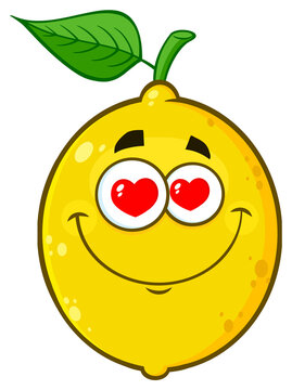Loving Yellow Lemon Fruit Cartoon Emoji Face Character With Hearts Eyes. Hand Drawn Illustration Isolated On Transparent Background