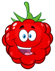 Happy Raspberry Fruit Cartoon Mascot Character. Hand Drawn Illustration Isolated On Transparent Background