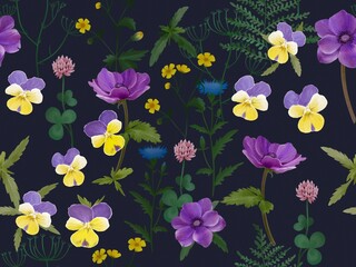 Beautiful seamless floral pattern with watercolor gentle colorful summer pansy, violet anemones flowers. Repeated print with blossom for the wrapping paper, textile and wallpapers.