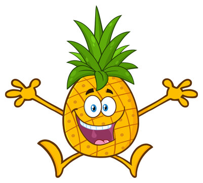 Happy Pineapple Fruit With Green Leafs Cartoon Mascot Character With Open Arms Jumping. Hand Drawn Illustration Isolated On Transparent Background