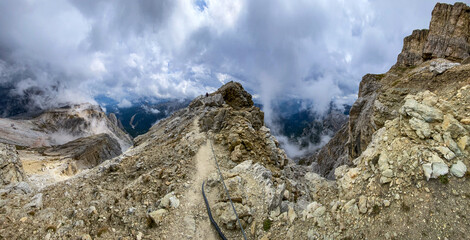 Adventurous hike up to mount Lagazuoi in the Dolomite Alps, autonomous pronvince of South Tirol