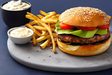 Delicious Ham Burger with french fries in a plate on kitchen table in restaurant.