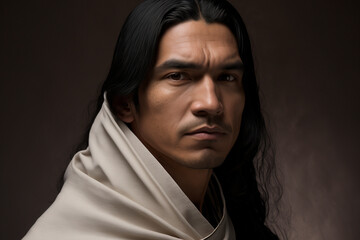 Close-up portrait of a handsome native american / indigenous man with long hair on a dark background, not based on a real person, Generative AI - obrazy, fototapety, plakaty