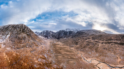 Fototapeta premium Aerial view of Poisen Glen next to Mount Errigal, the highest mountain in Donegal - Ireland.