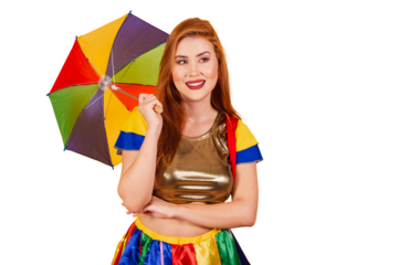 Brazilian redhead, with carnival clothes, frevo, and colorful parasol. crossed arms.