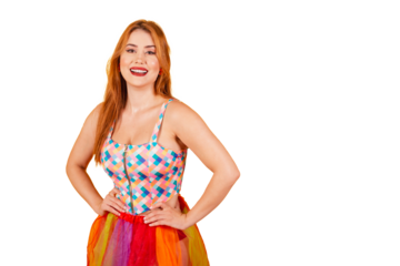 Brazilian redhead, in carnival clothes, hands on hips.