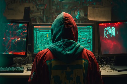 Dangerous Hooded Hacker Breaks into Data Server. His Hideout Place has Dark Atmosphere, AI generated