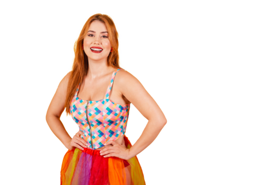 Brazilian redhead, in carnival clothes, hands on hips.