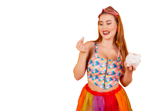 Brazilian redhead, in carnival clothes, holding piggy bank and coin. - Powered by Adobe