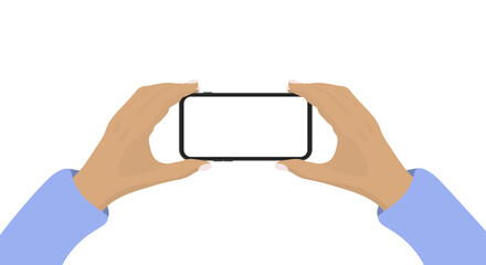 Two hands holding smart phone horizontally isolated on a light background. Vector illustration.