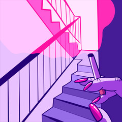 Psychedelic and trippy illustration of a woman's hand holding a cigarette. Girl on a staircase smoking. Neon punk art vector
