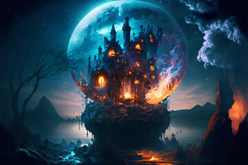 Fototapeta na wymiar The Witch Castle with the moon in the background - AI