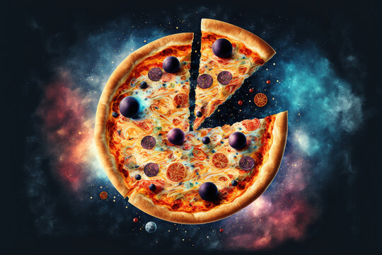 Pizza galaxy, funny food illustration. AI