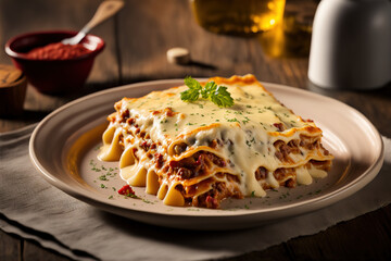 Fototapeta premium Beautiful lasagne served on plate. AI
