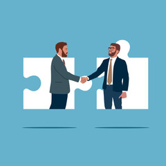 Cooperation. Businessmen handshake on jigsaw puzzle. Building relationships leads to success. Flat vector illustration.