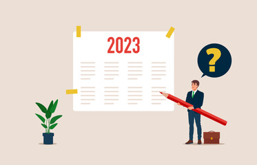 Goal for 2023. New Year business planning. Businessman holding a pencil for writing a business plan. Flat vector illustration.