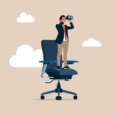 Businessman standing look for near future on office chair. Career future or job opportunity. Flat vector illustration.