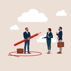 Businessman using pencil to draw personal space circle to protect from coworkers. Work boundary to limit access. Flat vector illustration.