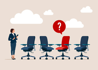Fototapeta na wymiar Search for new talent and best candidate. Open vacancy and empty company chair as hiring symbol. Modern flat vector illustration.