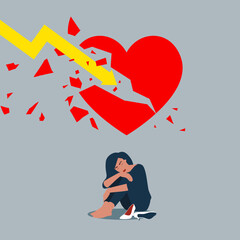 Broken heart. Depressed woman near crushed heart. After love failure, burnout or no inspiration.  Flat vector illustration