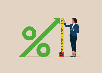 Businesswoman using tape measure to measure the height of the percentage symbol. Growth in investment. Flat vector illustration.