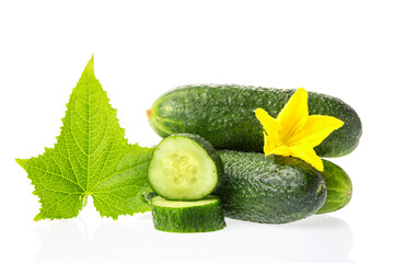 Organic healthy food. Fresh green cucumber natural vegetables with leaf and flower isolated on white background. Close up image