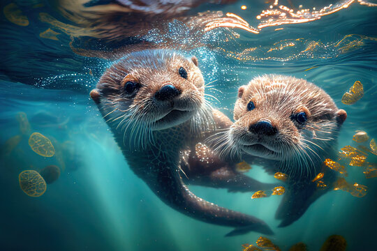 2 otter babies in the water, Generative AI
