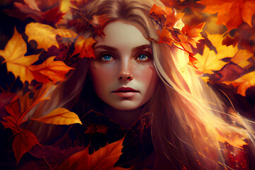 Obraz na płótnie Canvas portrait of a woman in autumn leaves