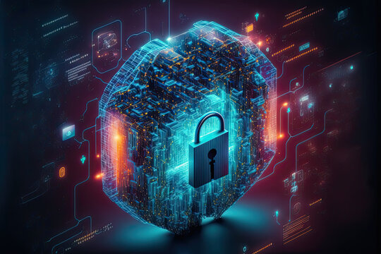 Generative AI illustration of a padlock over graphics representing internet cyber security and data theft.