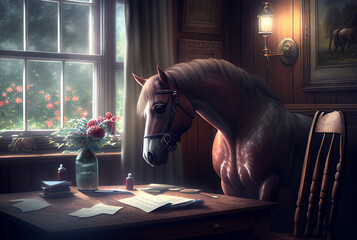 Horse reading notes indoors - obrazy, fototapety, plakaty