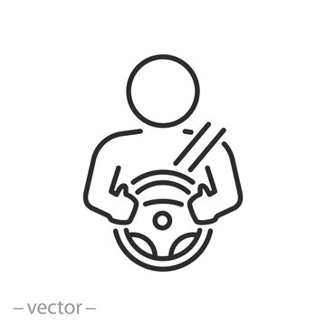 Car Driver Icon, Steering Wheel, Driving Person, Thin Line Symbol - Editable Stroke Vector Illustration