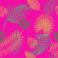 Fototapeta na wymiar green and yellow palm leaves and monstera on pink ground seamless pattern background