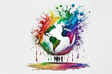 Naklejka na ściany i meble Rainbow people dancing around the Globe. Rainbow Earth. Equality and. tolerance. Rainbow people 