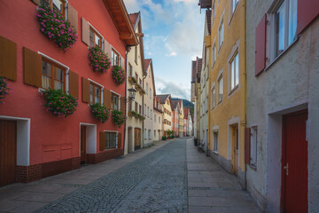 Fototapeta na wymiar Colorful houses at Fussen Old Town (Altstadt) - Fussen, Bavaria, Germany