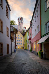 Colorful houses at Fussen Old Town (Altstadt) with High Castle (Hohes Schloss) - Fussen, Bavaria, Germany.