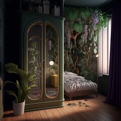 Art Nouveau designed bedroom with plants. Made with Generative AI