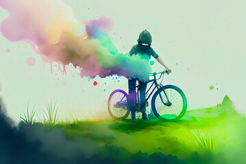 cyclist in the forest with a colorful splash 