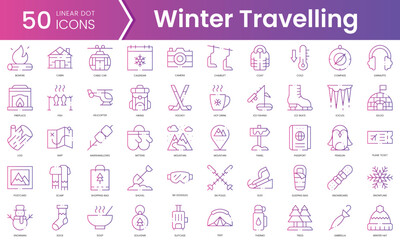 Set of winter travelling icons. Gradient style icon bundle. Vector Illustration