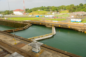 Gatun locks massive gates closed and full of water on the Panama canal