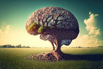 Fototapeta na wymiar Tree in the shape of brain thinks to environmental solution (ai generated)