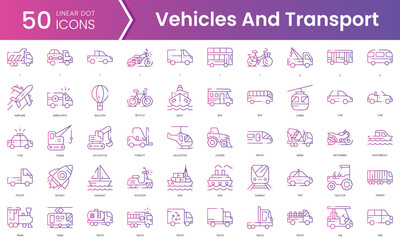 Set of vehicles and transport icons. Gradient style icon bundle. Vector Illustration
